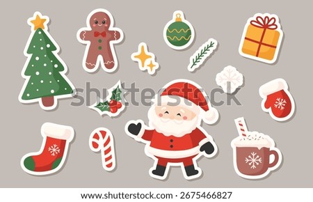 Cute Christmas sticker set. Collection of Christmas elements. Vector illustration  