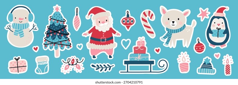 Nettes Weihnachtssticker-Set mit Weihnachtsmann, Schneemann, Pinguin, Hirsch, dekoriertem Baum, Geschenken, Ornamenten, Zuckerrohr, Winterelementen. Festliche Feiertage, Vektorgrafik für Karten, Umhüllung und Dekoration
