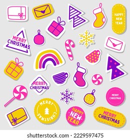 Cute Christmas stickers. Collection of Christmas decorations, holiday set. Vector illustration for New Year. Modern style, yellow purple pink color