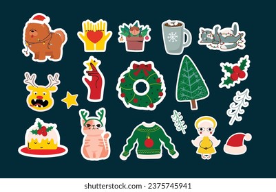 Cute Christmas stickers. Collection of Christmas decorations, holiday gifts, gingerbread, trees and gifts. Vector illustration, collection design and element for Christmas and New Year.