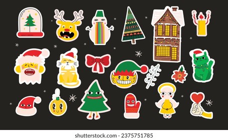 Cute Christmas stickers. Collection of Christmas decorations, holiday gifts, gingerbread, trees and gifts. Vector illustration, collection design and element for Christmas and New Year.