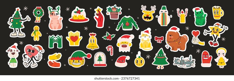 Cute Christmas stickers. Collection of Christmas decorations, holiday gifts, gingerbread, trees and gifts. Vector illustration, collection design and element for Christmas and New Year.