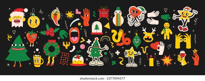 Cute Christmas stickers. Collection of Christmas decorations, holiday gifts, gingerbread, trees and gifts. Vector illustration, collection design and element for Christmas and New Year.