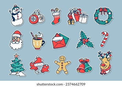 Cute Christmas stickers collection. Traditional Christmas holiday symbols set - items, decorations, characters, etc. Colorful xmas icons in cartoon style. Vector illustration.