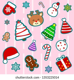 Cute Christmas stickers set, including mitten, stars, candy canes, ginger bread man, snowman, pine trees, party santa hats, gift box, red nose raider. For decoration, printing, gift wrap