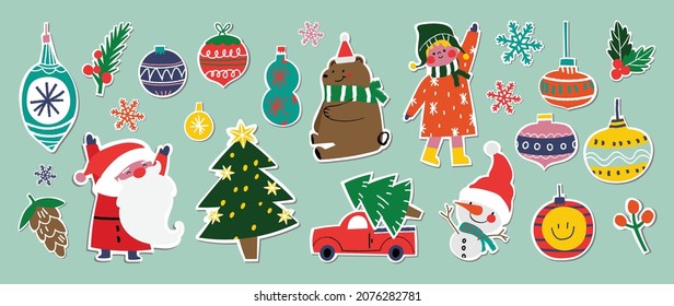 Cute Christmas stickers vector set. Hand drawn doodle style Christmas decorations, holiday gifts, winter clothes, bear, trees, gifts, penguin and Santa Claus. vector illustration.