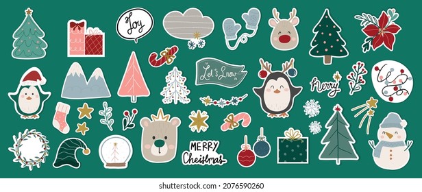 Cute Christmas stickers vector set. Hand drawn doodle style Christmas decorations, holiday gifts, winter clothes, bear, trees, gifts, penguin and Santa Claus. vector illustration.