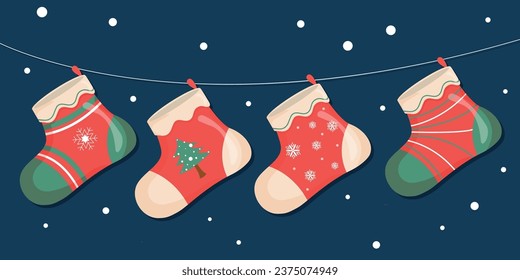 Cute Christmas stocking hanging vector isolated. Red and green sock for winter holiday. Home decoration, place for present.