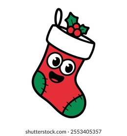 Cute Christmas Stocking with Holly Illustration