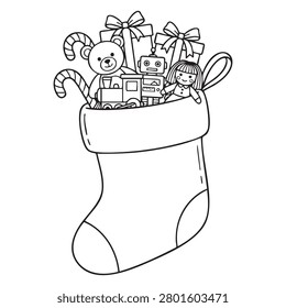 Cute christmas stocking overflowing with presents toys including teddy bear robot train and doll decorated with bows and candy canes simple line art drawing ideal for kids winter holiday activity page.
