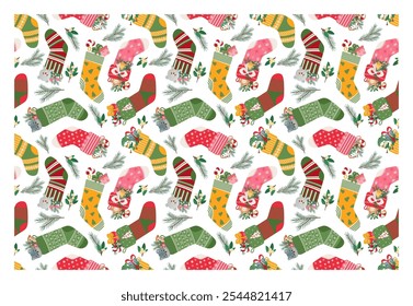 Cute Christmas stocking pattern with presents, toys and sweets. Vector illustration for cards, posters, wrapping paper, covers and fabric.