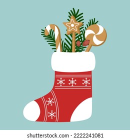 Cute christmas stocking with sweets. Flat style. Vector illustration 