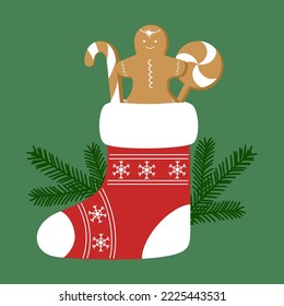 Cute christmas stocking with sweets. Flat style. Vector illustration 