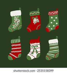 Cute Christmas stockings icon set. Christmas hanging socks illustration. Holiday season elements set.