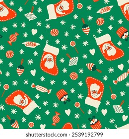 Cute Christmas stockings with Santa Claus, sweets, chocolates and ornaments, snowflakes and hearts seamless pattern. Holiday season fun print for wrapping paper, fabric design.