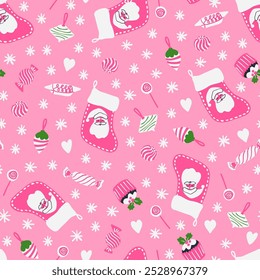 Cute Christmas stockings with Santa, sweets and ornaments, snowflakes and hearts seamless pattern. Holiday season fun print for paper, fabric design.