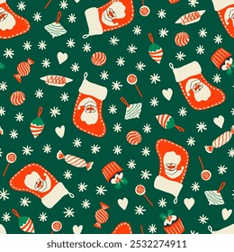 Cute Christmas stockings with Santa, sweets and ornaments, snowflakes and hearts seamless pattern. Holiday season fun print for paper, fabric design.