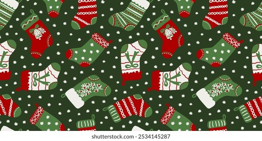 Cute Christmas stockings and snowflakes seamless repeat pattern. Holiday season background with Christmas socks for wrapping paper, textile design.