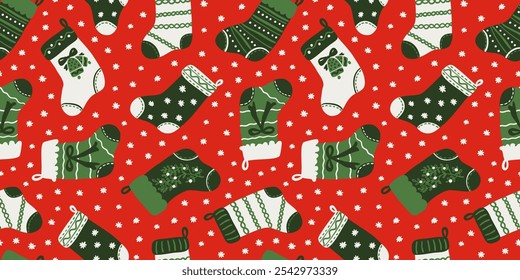 Cute Christmas stockings and snowflakes seamless repeat pattern. Holiday season background with Christmas hanging socks for wrapping paper, textile design.