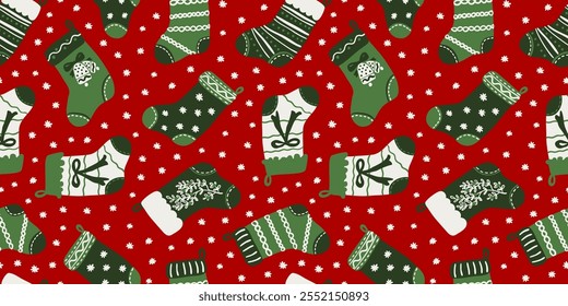 Cute Christmas stockings and snowflakes seamless repeat pattern. Holiday season background with Christmas socks for wrapping paper, textile design.