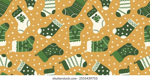 Cute Christmas stockings and snowflakes seamless repeat pattern. Holiday season background with Christmas hanging socks for wrapping paper, textile design. Green, gold.