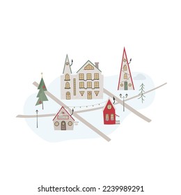 Cute Christmas street with road, decoration, houses, trees. Vector illustration for card, banner.