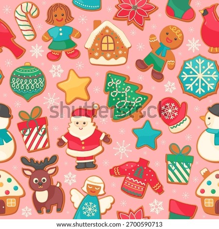 Cute Christmas sugar cookie seamless pattern on pink background. Gingerbread house, man, santa claus holiday sweet food cartoon repeat design. Festive vector illustration for wrapping paper or fabric.