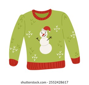 Cute Christmas sweater illustration with green base and red trim and cheerful snowman wearing Santa hat, ideal for festive and holiday designs. Vector flat hand drawn illustration on white background