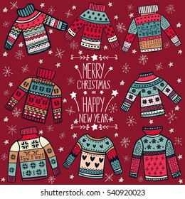 Cute Christmas sweaters vector set in color