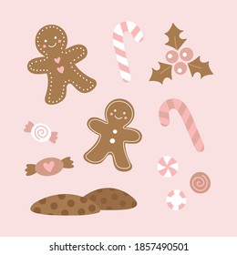 Dibujo vectorial dulce de navidad. Hombre de pan de jengibre, bastón de caramelo, caramelo, caramelos de menta y los íconos de galletas dibujados a mano, aislados.