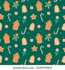 Cute Christmas sweets pattern seamless vector illustration. Lollipop candy, gingerbread cookies, gingerman. Xmas desserts pattern. 