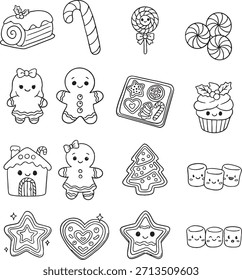 Cute Christmas sweets vector set featuring gingerbread man and girl, cookies, Yule log cake, lollipop, candy cane, and marshmallows. Perfect cartoon illustration for holiday recipes, winter baking.