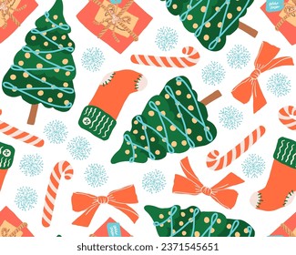 Cute Christmas symbols seamless pattern on white background. Christmas tree, socks, bow, candy cane, snowflake and gift box repeat pattern. Hand drawn illustration. Gift bag, fabric, paper design.