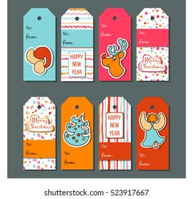 Cute Christmas tags set. Christmas labels or decoration. Xmas icons with santa red hat, funny deer, christmas tree, angel with stripes and spots. For greeting letter, wish card, invitation, postcard,