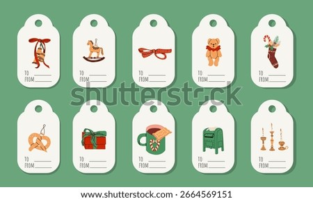 Cute christmas tags set minimalistic hand drawn flat style. Retro labels with decoration for fir, holiday sweets. Vector printable stickers design to tag presents for Christmas and New Year holidays