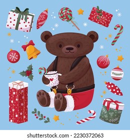 Cute Christmas teddy bear and cup hot chocolate   Christmas elements