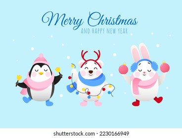 Cute christmas teddy bear, penguin and hare with inscription Merry christmas on blue background