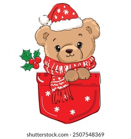 Cute christmas Teddy Bear in the pocket, New Years Kids print vector illustration, Holidays decor