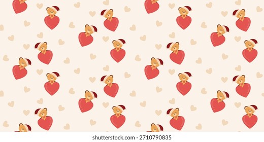 Bonito Natal Teddy Bear Padrão Sem Costura com Chapéu Santa e Amor. Inverno de viveiro. Coquette Mão desenhada fundo vintage para tecido, papel de parede, decoração 