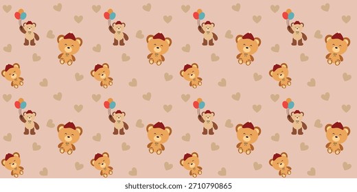 Cute Christmas Teddy Bear Seamless Pattern with Santa Hat and Love. Nursery Winter Background. Coquette Hand Drawn Vintage Background for Fabric, Wallpaper, Decor 
