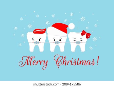 Cute Christmas teeth in braces with xmas accessories on dentist greeting card. White xmas winter tooth in brackets in santa hat with paste and bow. Flat design cartoon vector illustration. 
