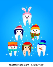 Cute Christmas teeth characters. polar bear, penguin, Owl, deer, bunny. illustration isolated on background. Great for celebration.
