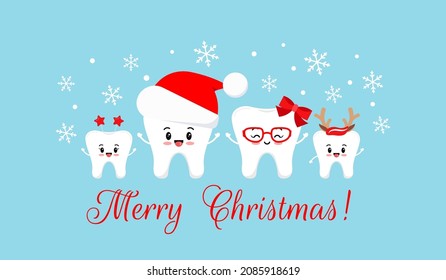 Cute Christmas teeth with xmas accessories on dentist greeting card. White winter teeth emoji implant, in braces in santa hat with deer horns gift photo props. Flat cartoon vector illustration.