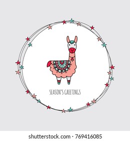 Cute Christmas themed llama surrounded by a wreath with stars and the words season's greetings, vector illustration.