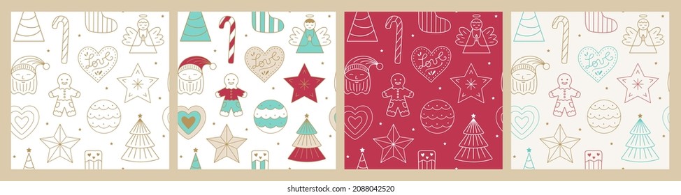 Cute Christmas themed seamless patterns featuring outline illustrations of tree decorations and ornaments