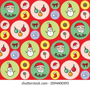 Cute Christmas Things Seamless Pattern. Winter December. Snowman and Santa Claus. White, Red and Green. Holiday Season. Year End. Xmas Decoration Gift Wrapping Paper. 