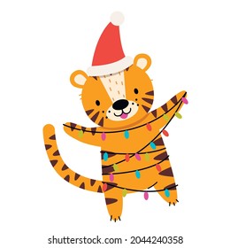 Cute Christmas tiger with garland. Vector illustration.