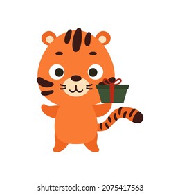 Cute Christmas tiger with gift on white background. Cartoon animal character for kids cards, baby shower, invitation, poster, t-shirt composition, house interior. Vector stock illustration.