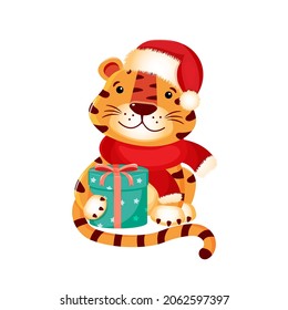 Cute Christmas tiger with a gift sits. New Year vector illustration