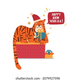 Cute christmas tiger illustration. Tiger in santa hat with gift. New year postcard of symbol 2022 year. Vector.